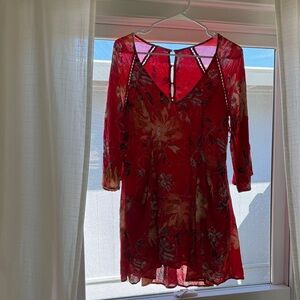 Free People Red Floral Long-Sleeve V-Neck Dress